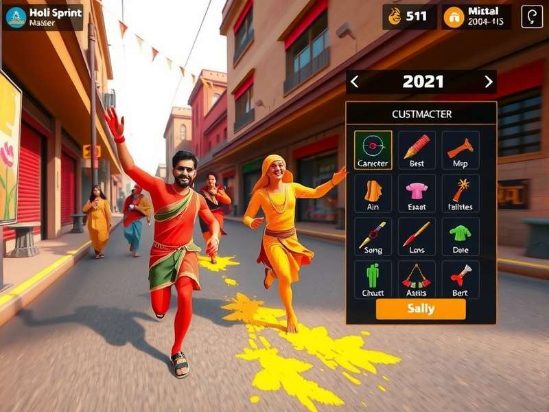 Holi Sprint Master gameplay screenshot showing colorful characters running through festival streets