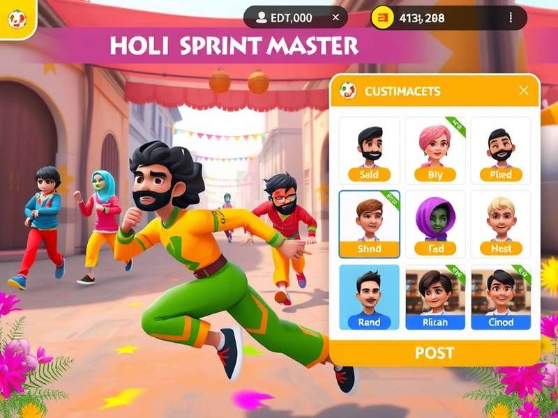 Holi Sprint Master character customization screen showing various Indian festival outfits